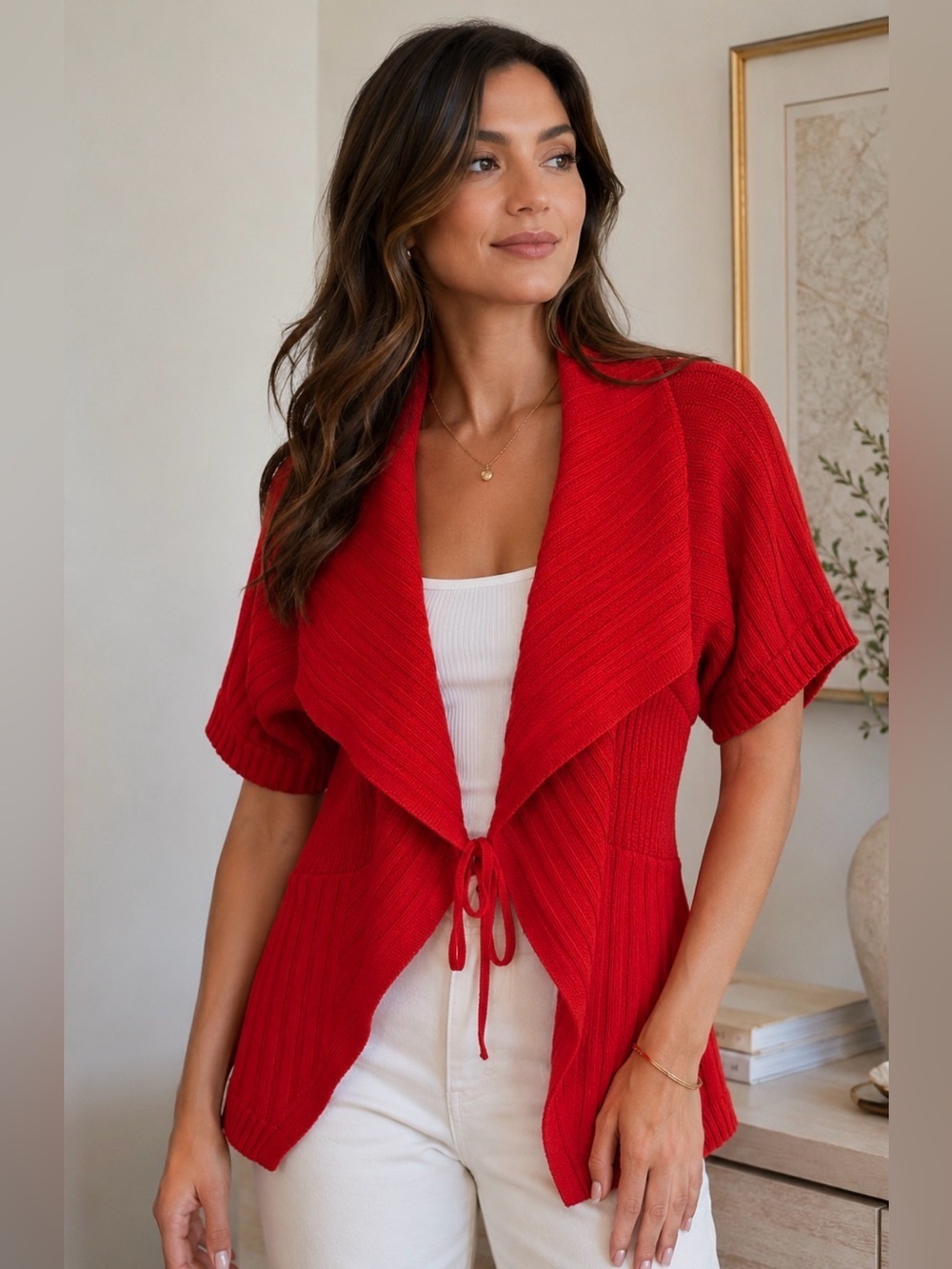 St. John M Red Wool Knit Tie Front Cardigan Sweater Shawl Collar quiet luxury